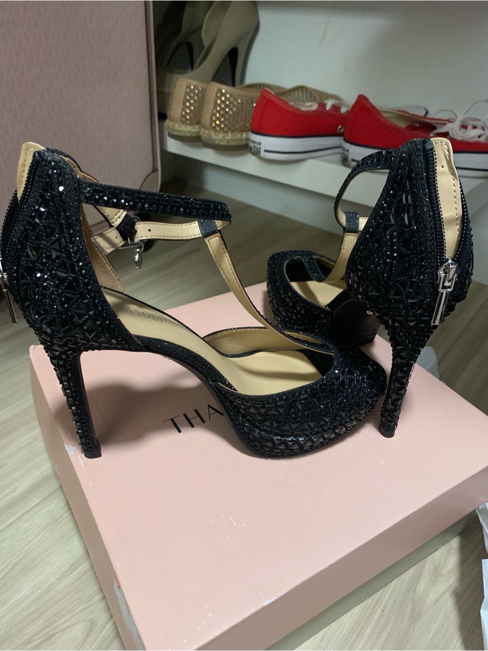 Thalia Sodi Black Beaded T-Strap Stiletto Heels